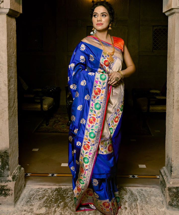 Electric blue silk handloom banarasi saree