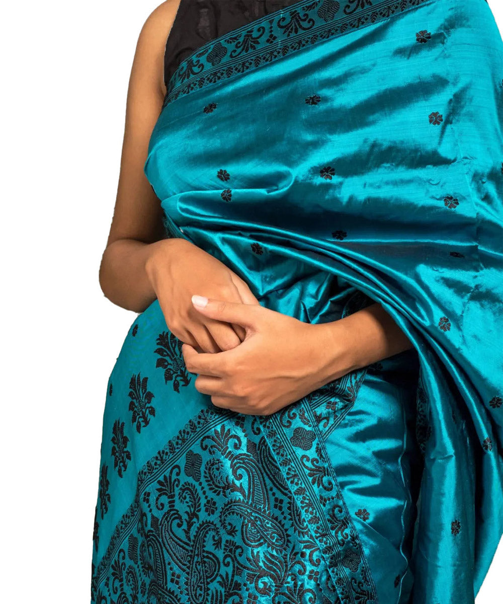 Sky blue black silk handloom assam saree