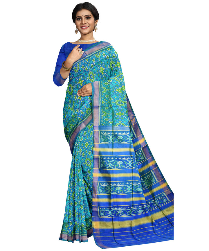 Cyan turquoise silk handloom patola saree