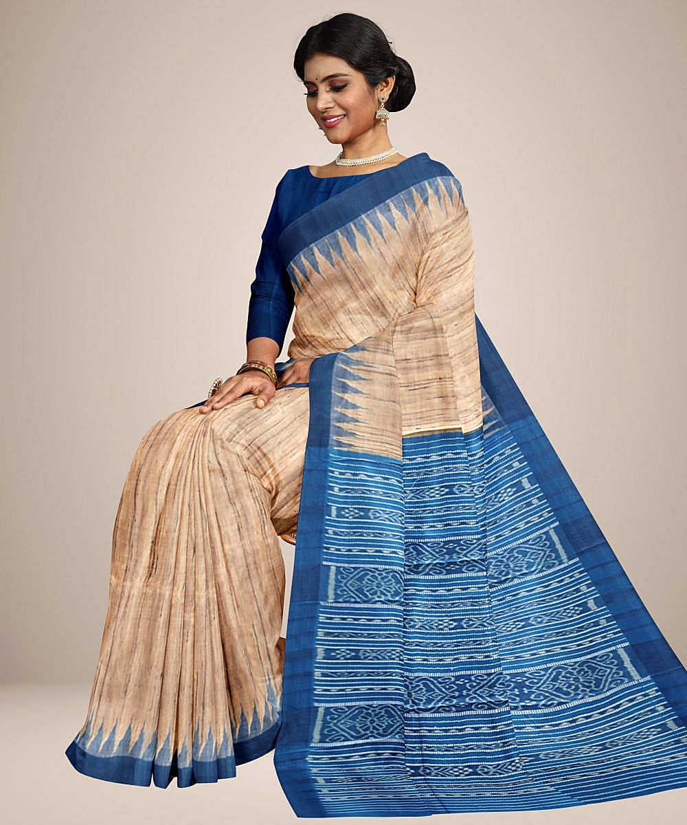 Beige blue gopalpur tussar silk handwoven saree