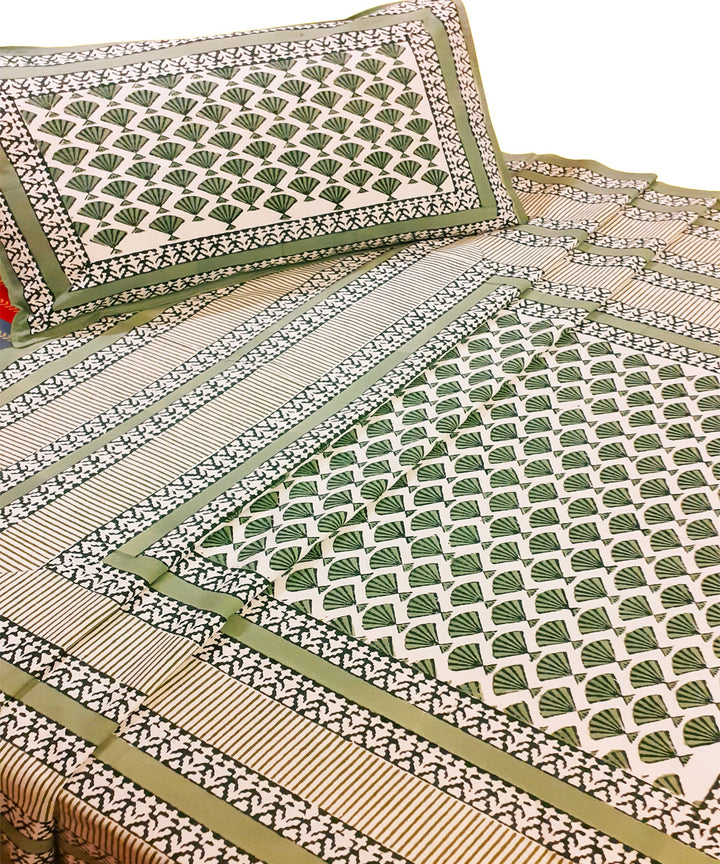 White handblock print cotton single bed sheet with pillow cover