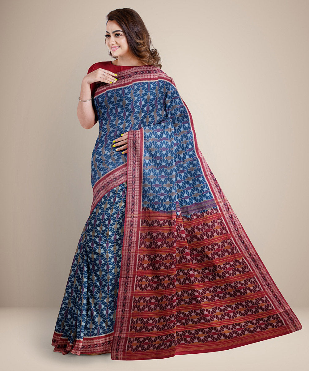 Navy blue red cotton handwoven sambalpuri saree