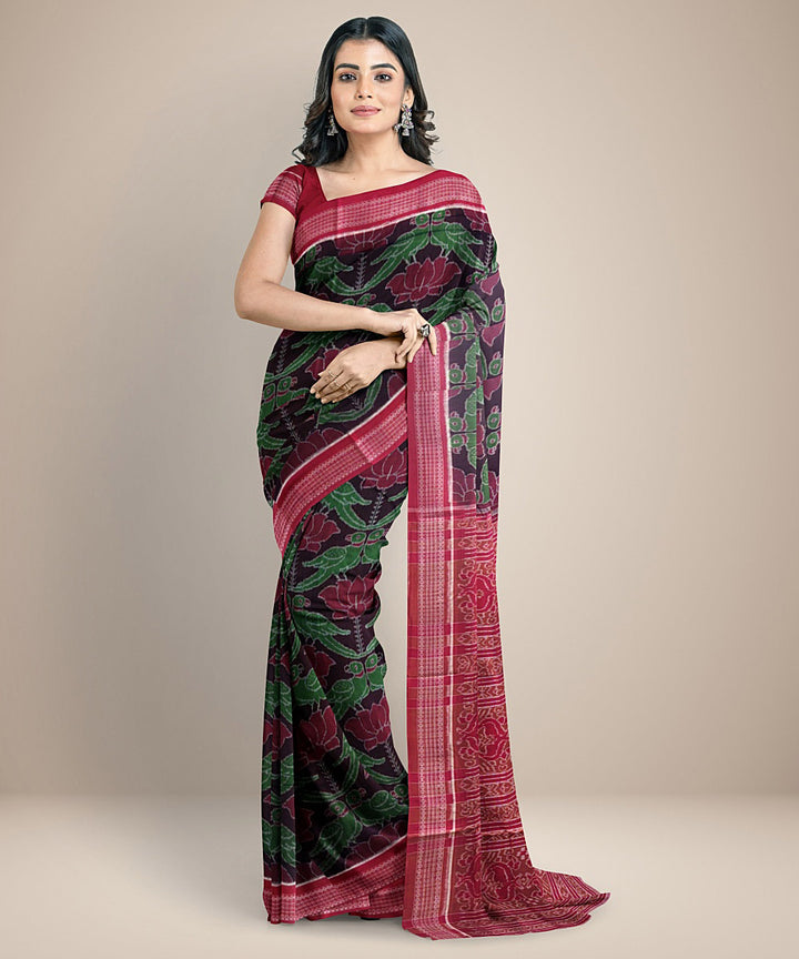 Pink green floral cotton handwoven sambalpuri saree