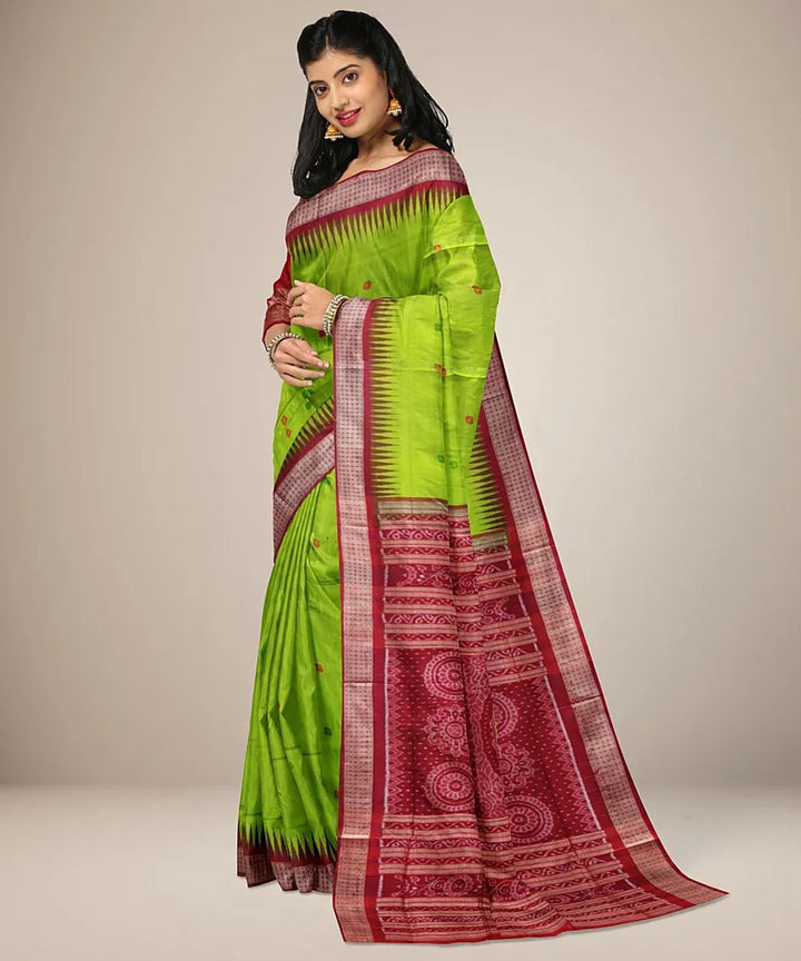 Neon green red handwoven silk sambalpuri saree