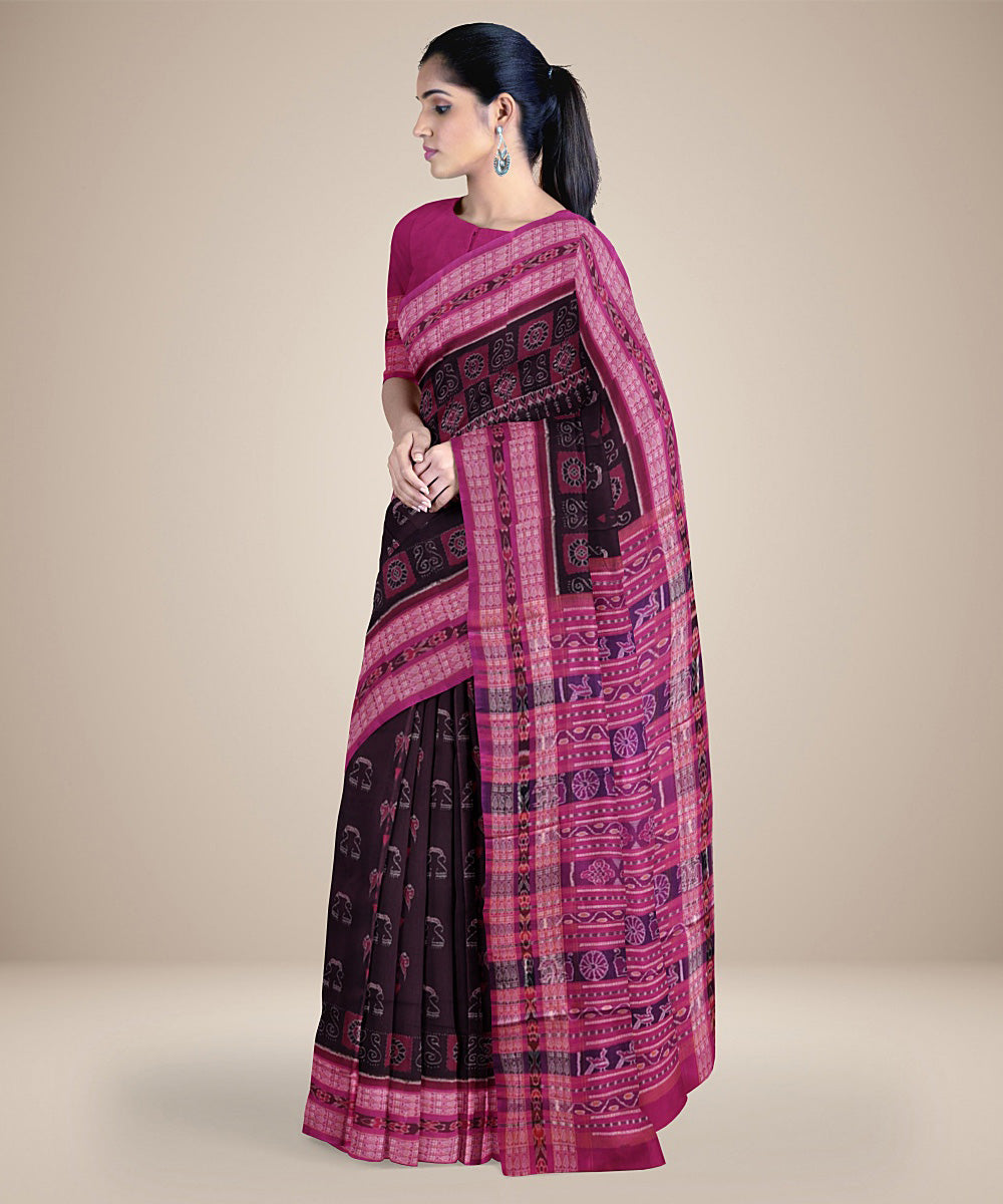 Coffee brown and pink handwoven cotton sambalpuri saree