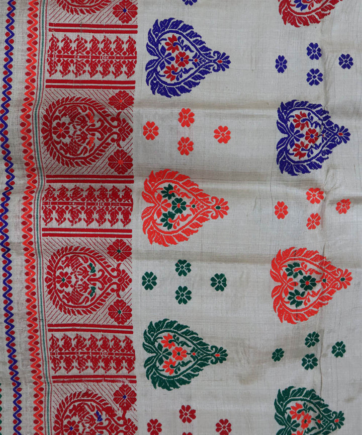 Grey red muga silk assam handloom mekhela chador