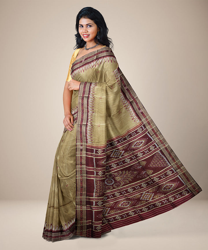 Beige yellow and maroon handwoven silk khandua saree