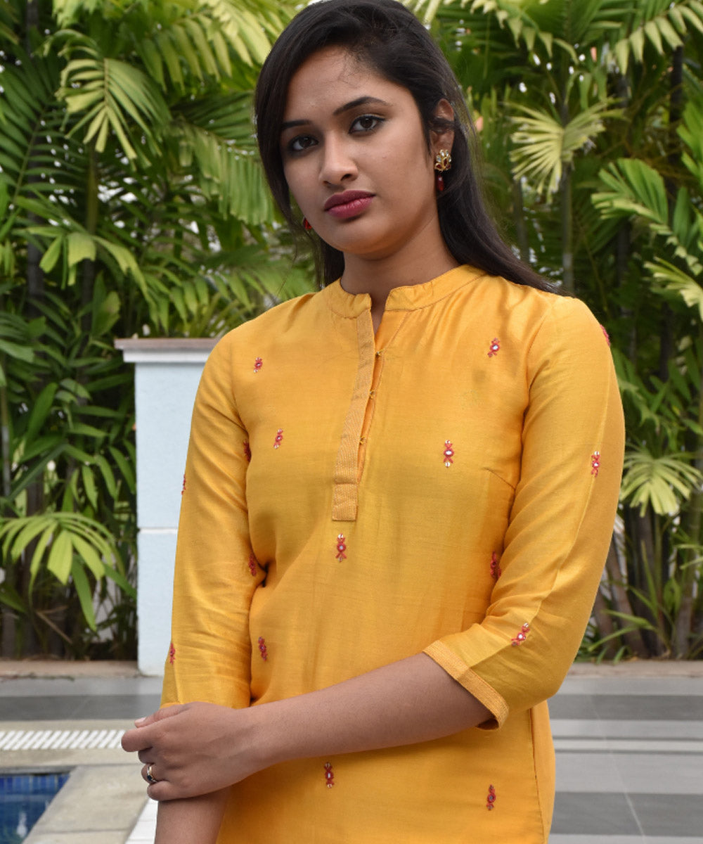 Yellow handloom chanderi cotton silk kurta with hand embroidery