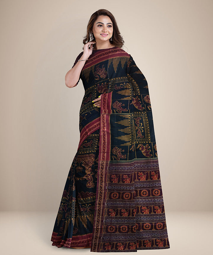 Black maroon cotton handwoven sambalpuri saree