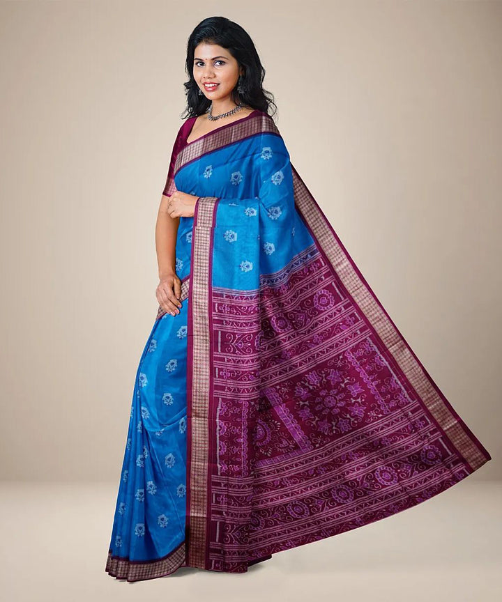 Sky blue magenta handwoven silk sambalpuri saree