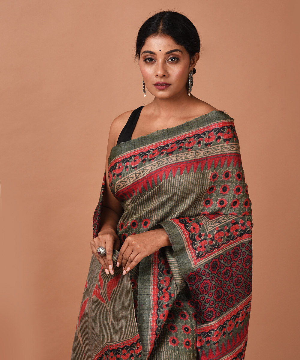 Olive green handwoven tussar silk block print saree