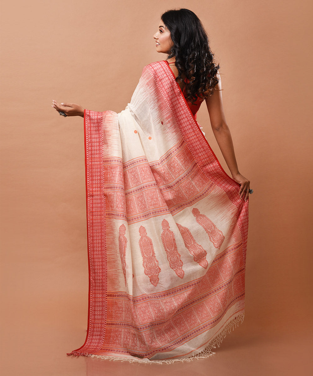 Red and off white handwoven cotton jamdani saree