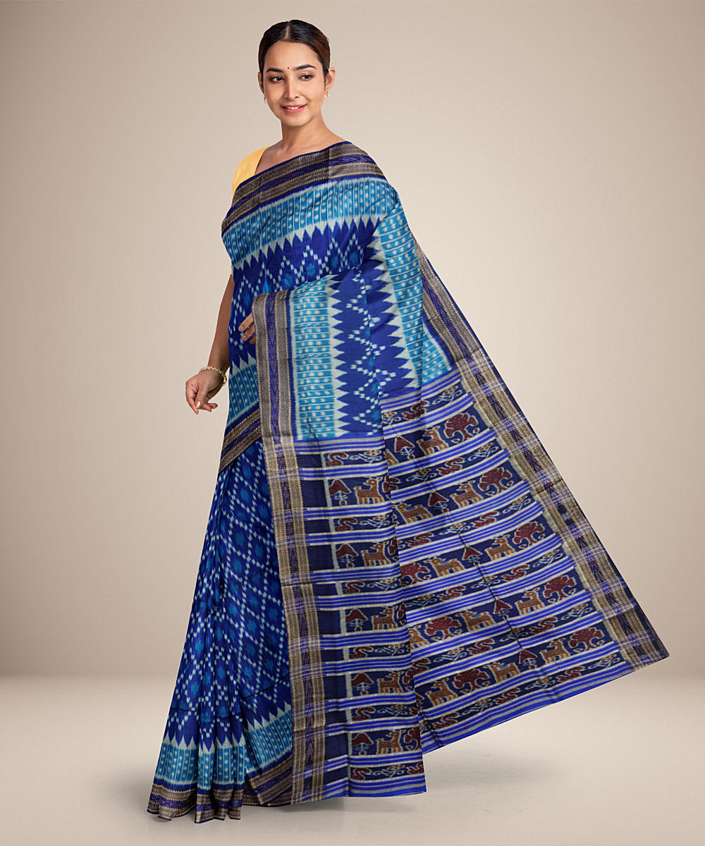 Navy blue and black handwoven silk khandua saree