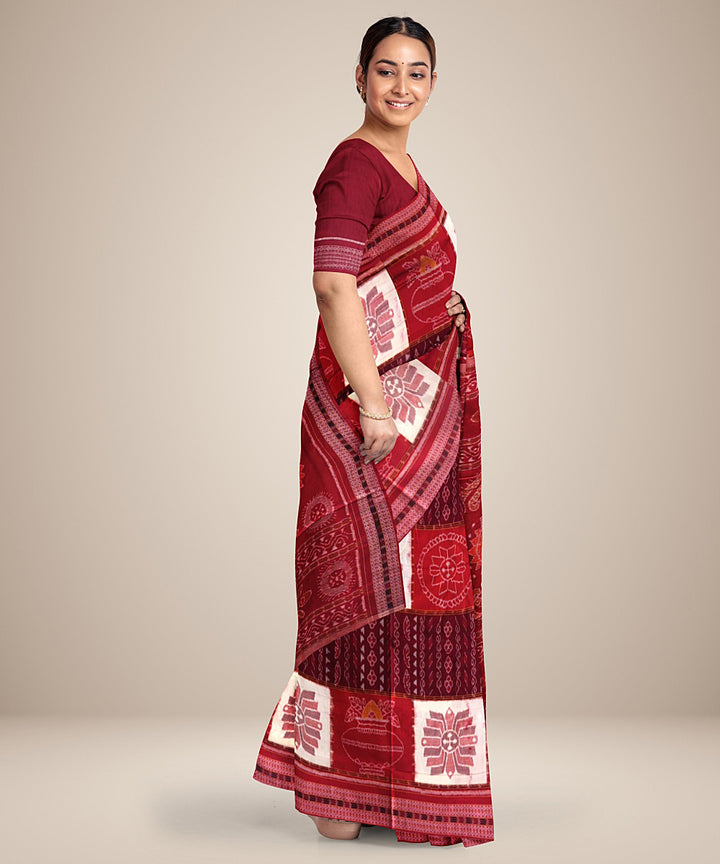 Maroon red cotton handwoven sambalpuri saree