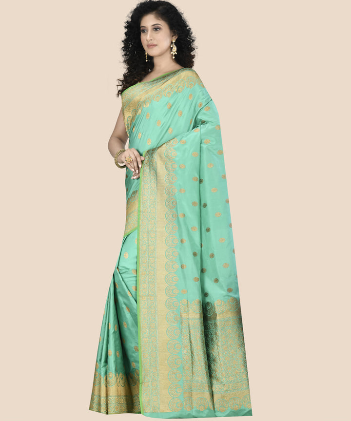 Cyan green silk handwoven banarasi saree