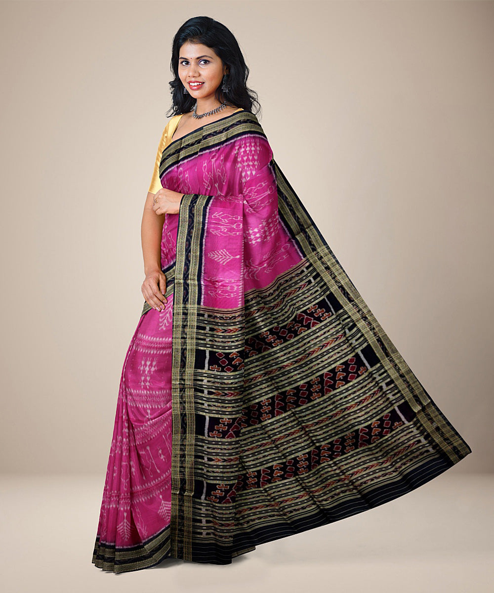 Fuchsia black silk handwoven khandua saree