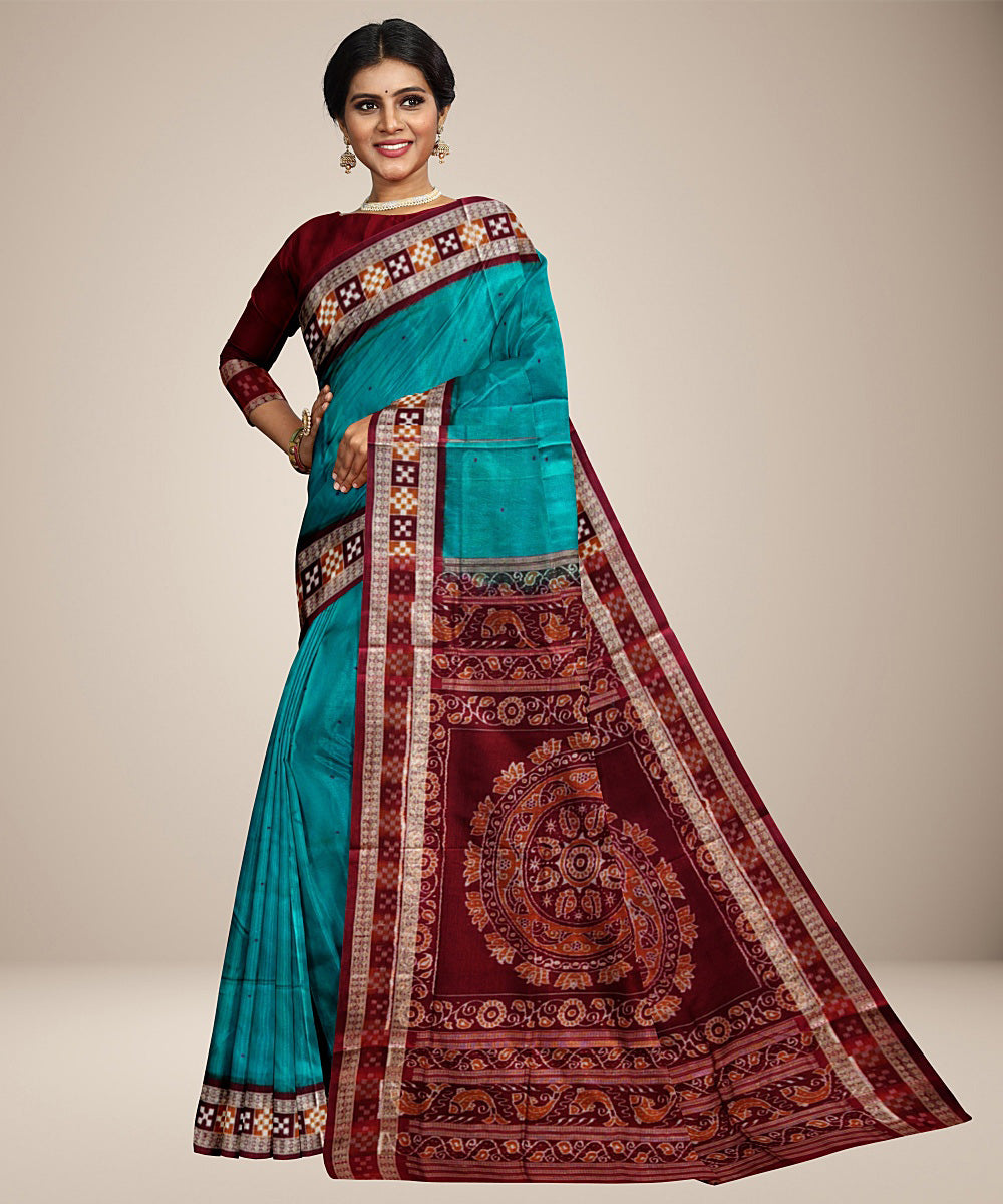 Cyan blue maroon silk handwoven bomkai saree