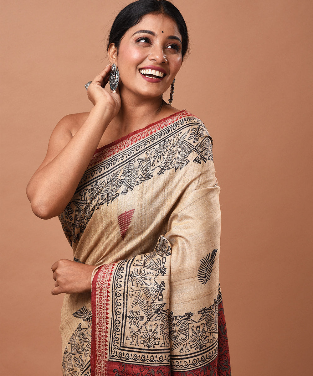 Offwhite handloom tussar silk block print saree with sambalpuri border