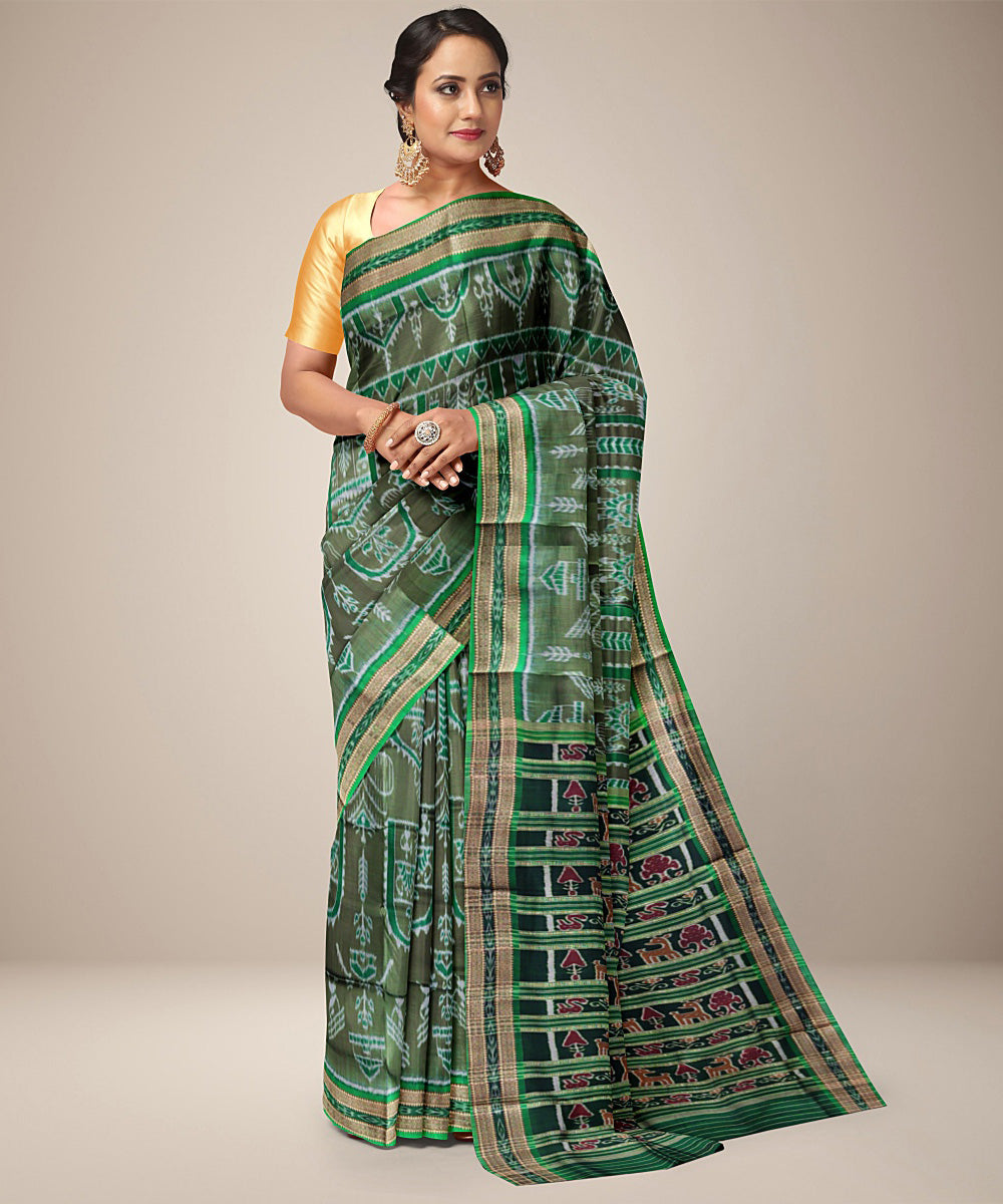 Moss grey green silk handwoven khandua saree