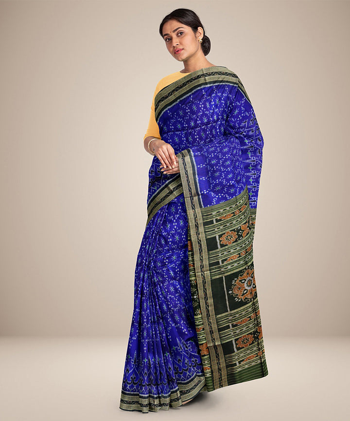 Navy blue green silk handwoven khandua saree