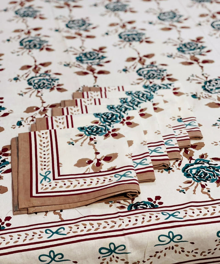 Multicolor handblock print cotton table cover with 6 napkins