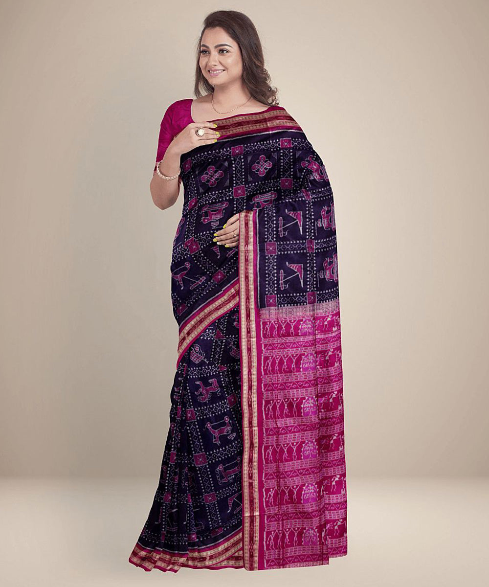 Navy blue red handwoven silk sambalpuri saree