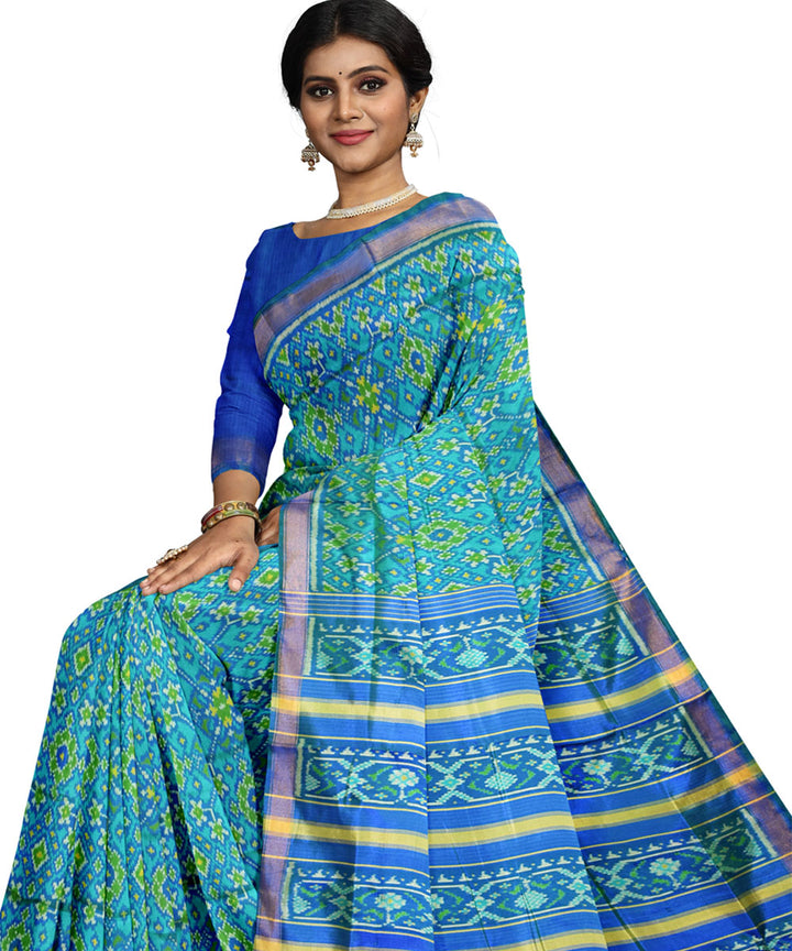 Cyan turquoise silk handloom patola saree