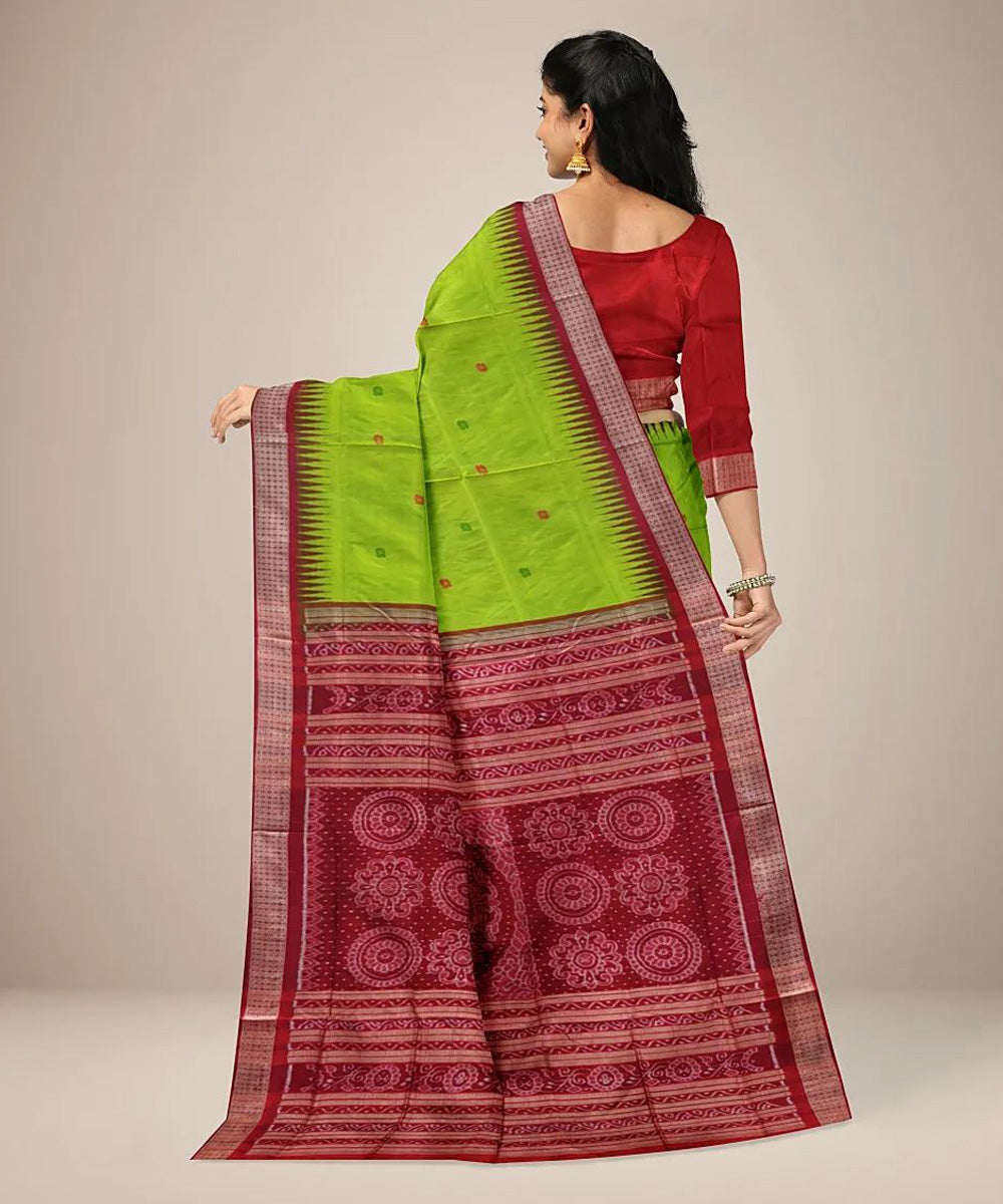 Neon green red handwoven silk sambalpuri saree