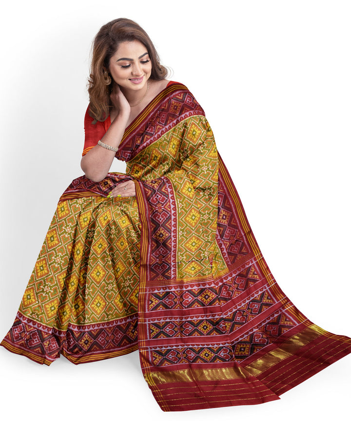 Yellow maroon silk handloom patola saree