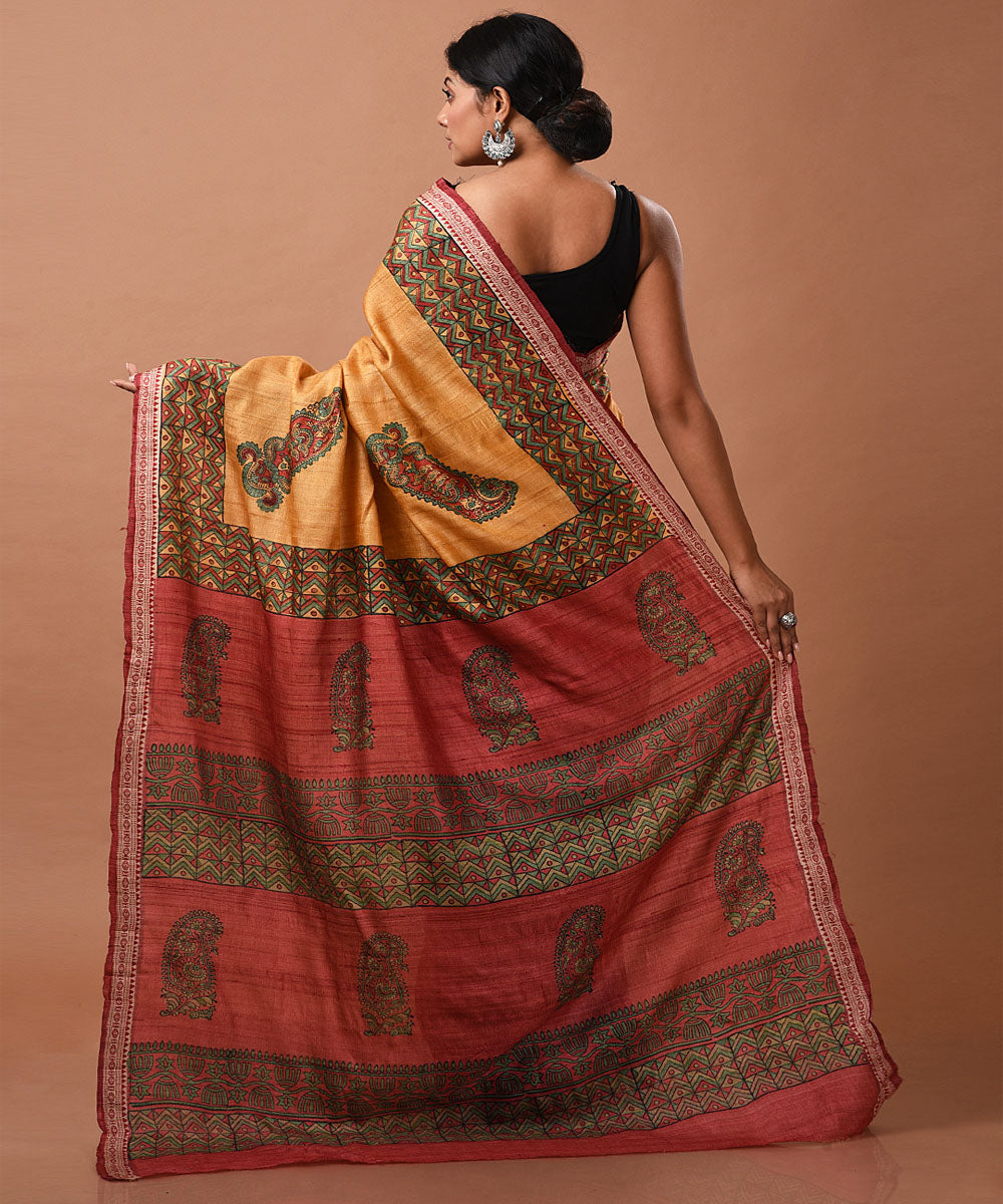 Mustard handwoven tussar silk block print saree