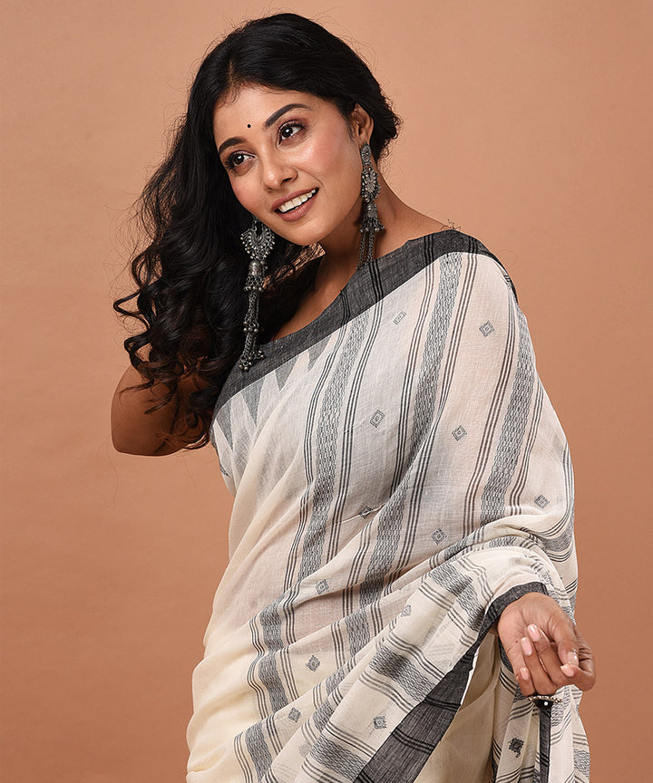 Black and white handwoven cotton jamdani saree