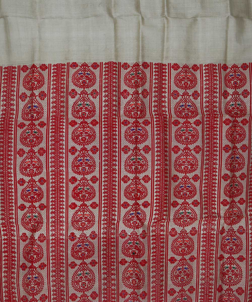 Grey red muga silk assam handloom mekhela chador
