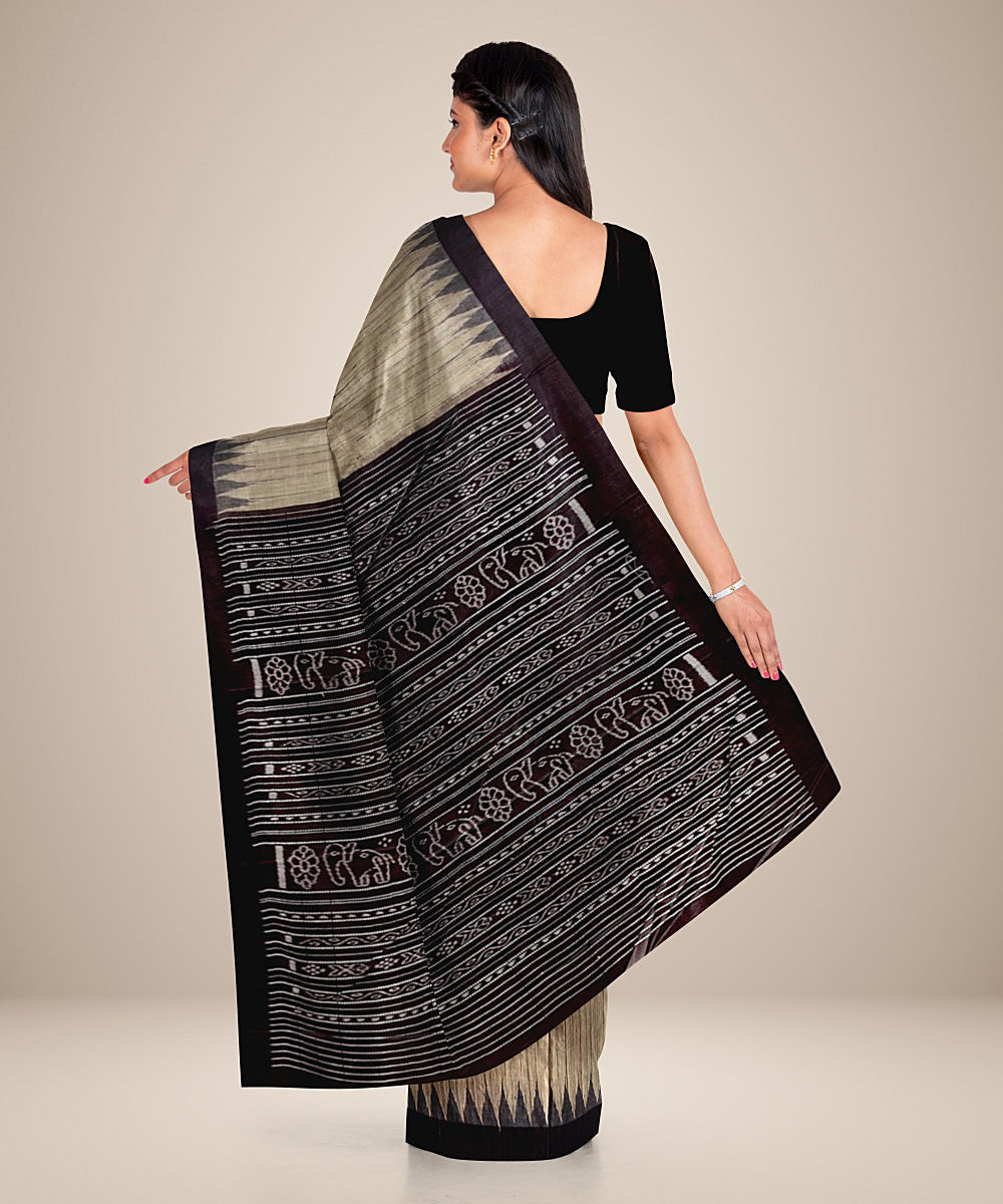 Beige black gopalpur tussar silk handwoven saree