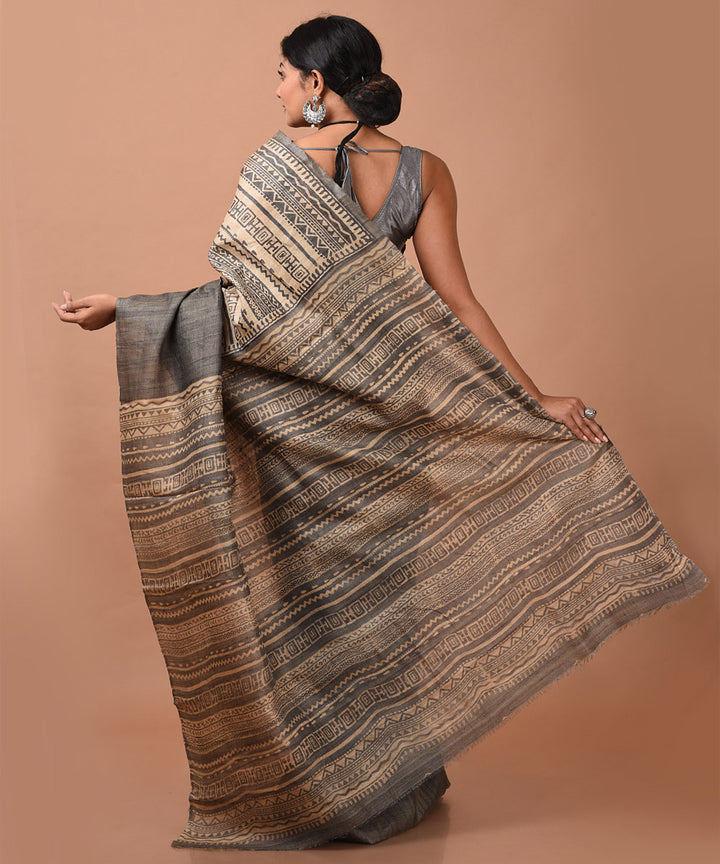 Grey handwoven tussar silk block print saree