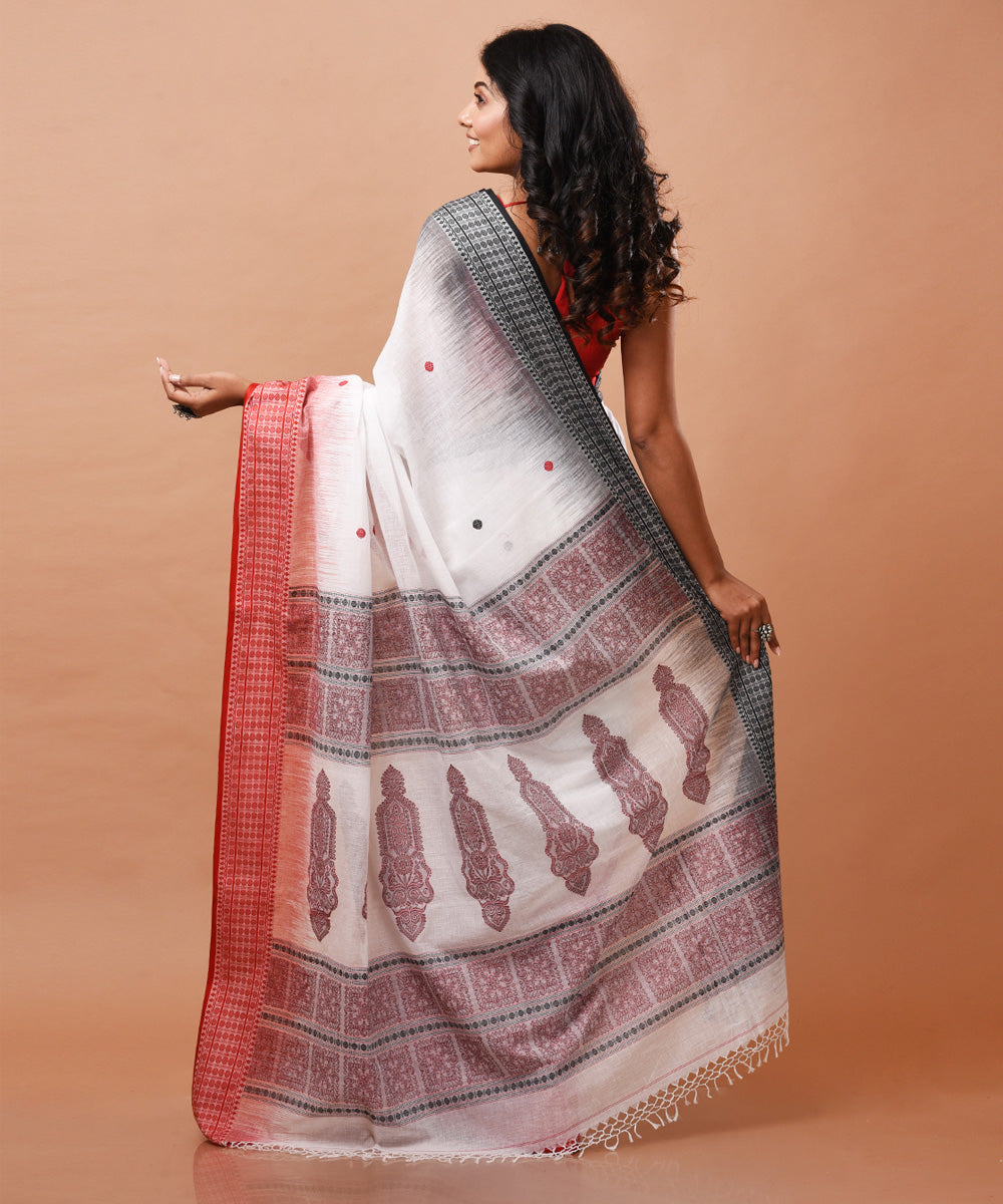 White and red handwoven cotton jamdani saree