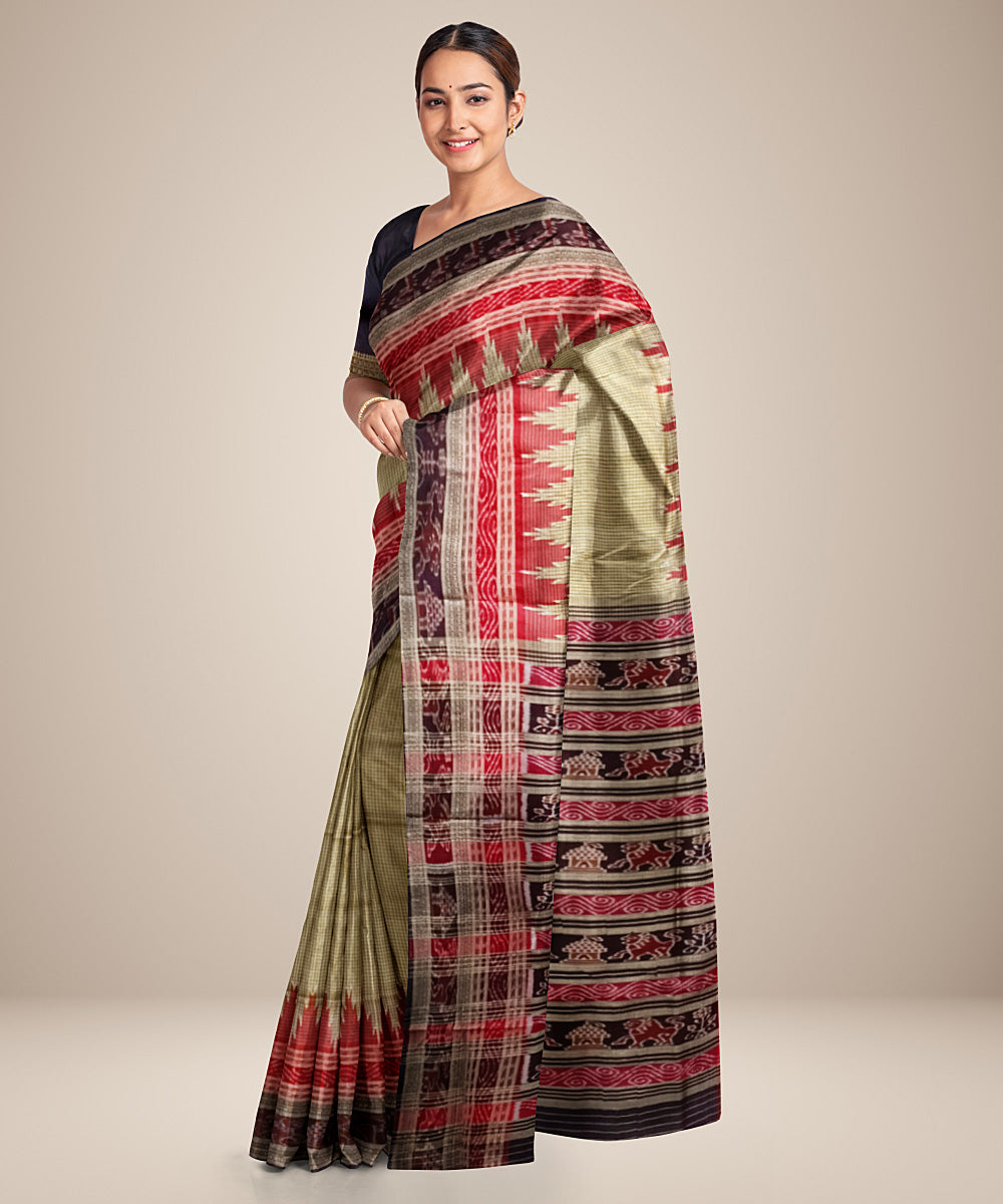 Beige black silk handwoven khandua saree