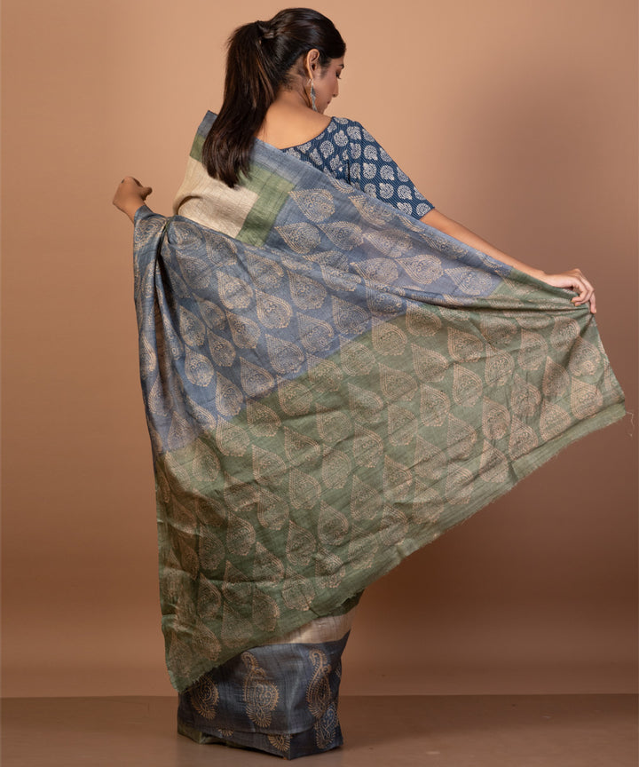 Off white handwoven tussar silk block print saree