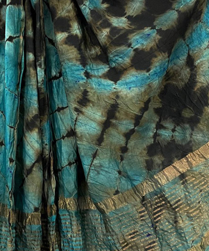 Teal black handwoven tie dye tussar silk stole