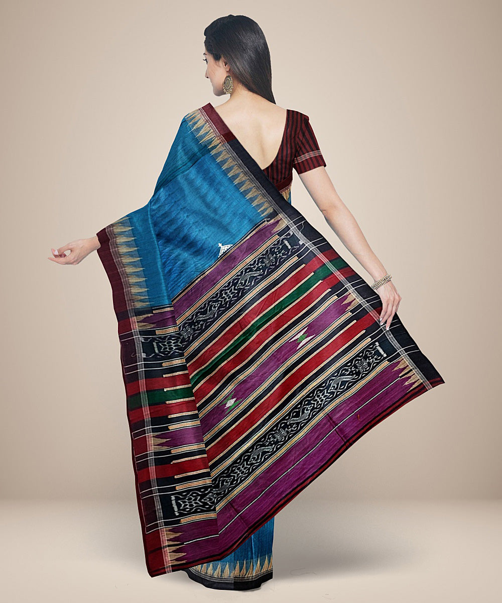 Sky blue mustard maroon gopalpur tussar silk handwoven saree