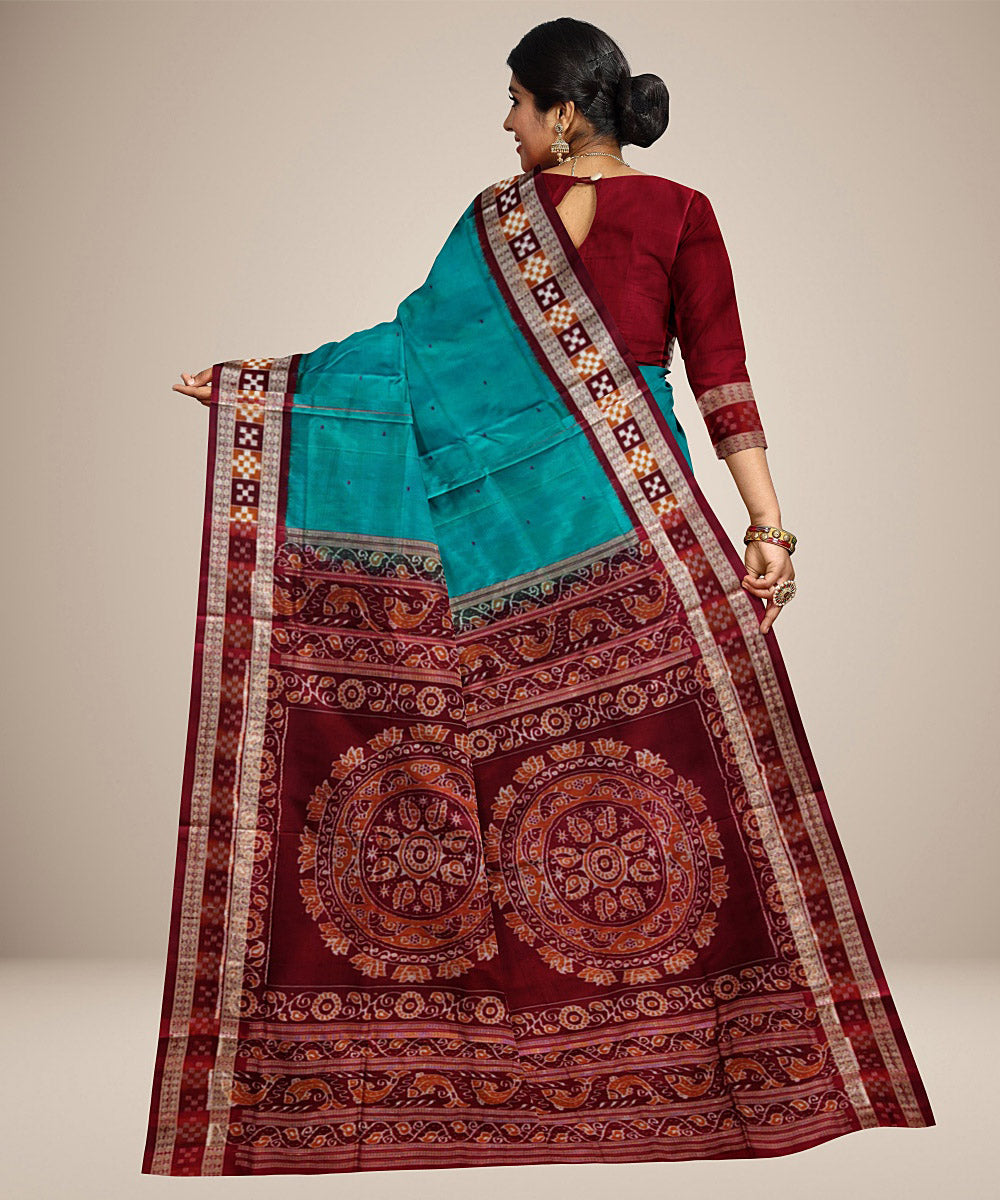 Cyan blue maroon silk handwoven bomkai saree