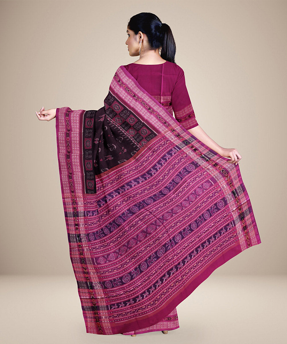 Coffee brown and pink handwoven cotton sambalpuri saree