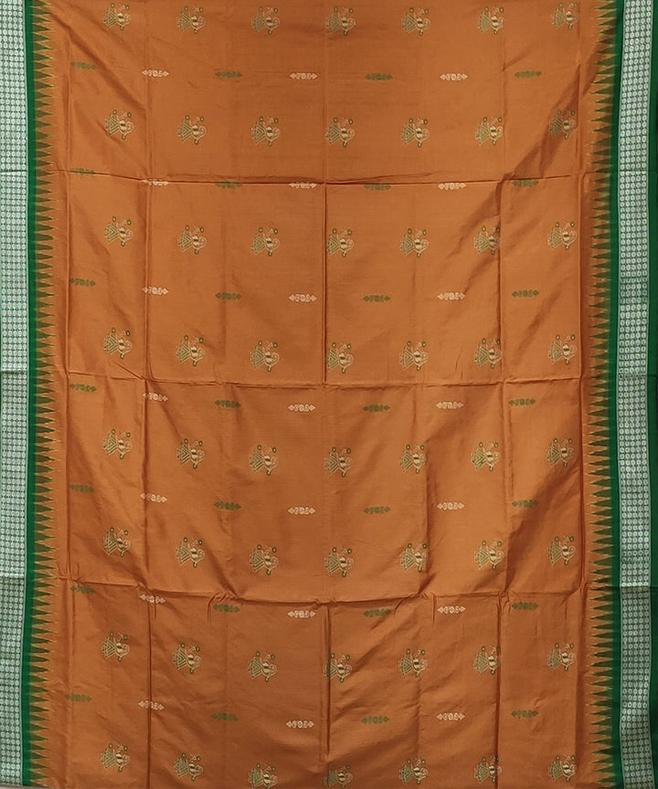 Orange light green handwoven bomkai silk saree