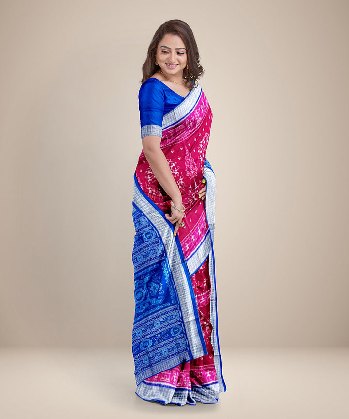 Pink cobalt blue silk handwoven sambalpuri saree