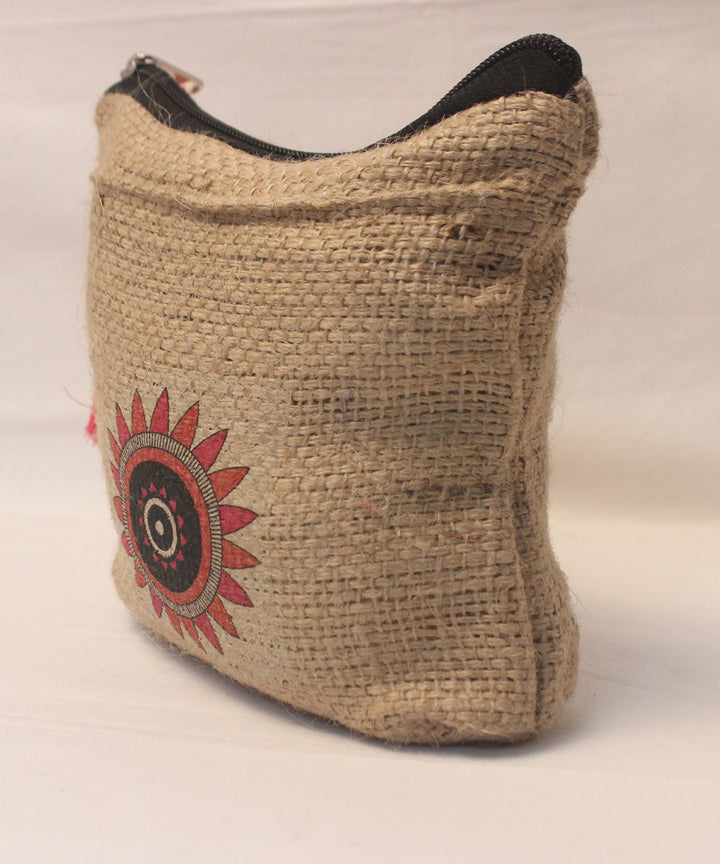 Beige natural hand printed jute jute pouch