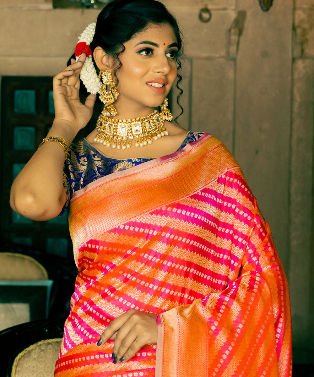 Orange pink double shade silk handloom banarasi saree