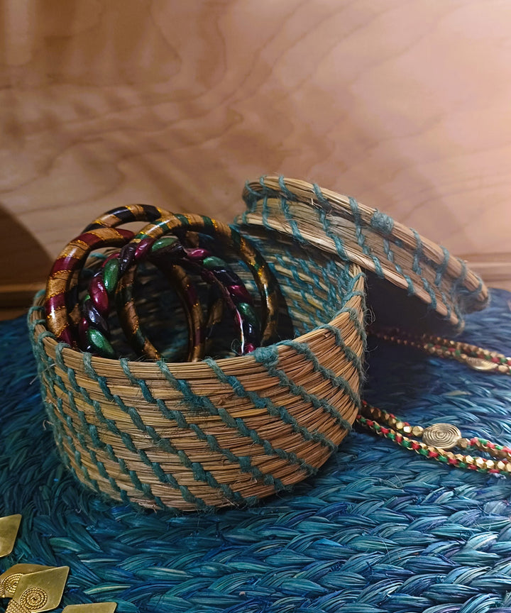 Cyan green handcrafted sabai grass storage box (small)
