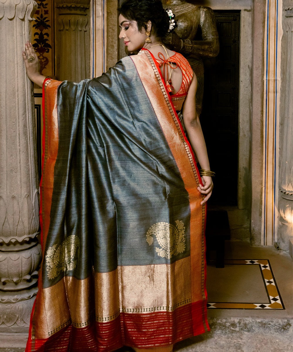 Grey and orange silk handloom banarasi saree