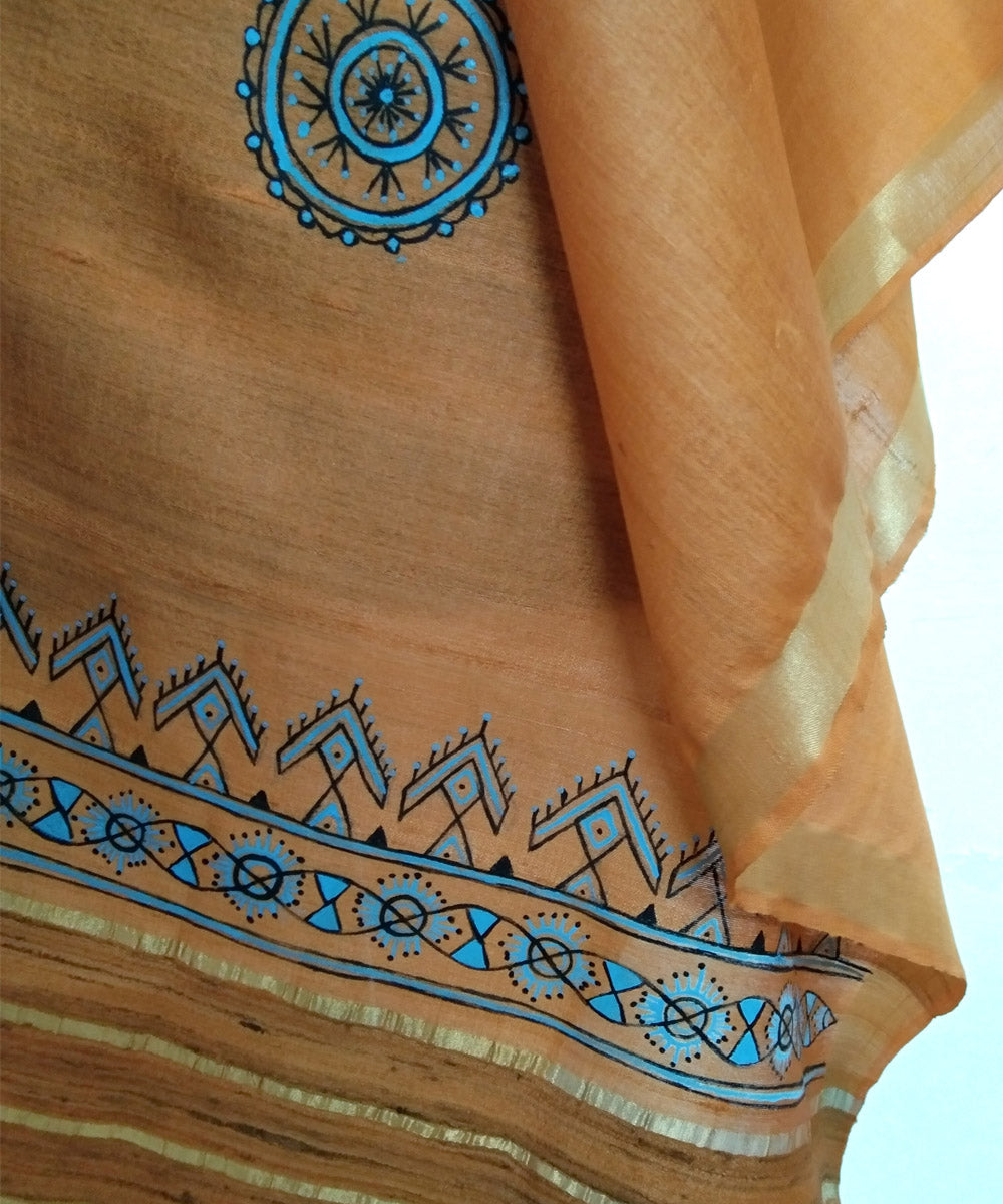 Orange golden hand painted silk godana art dupatta