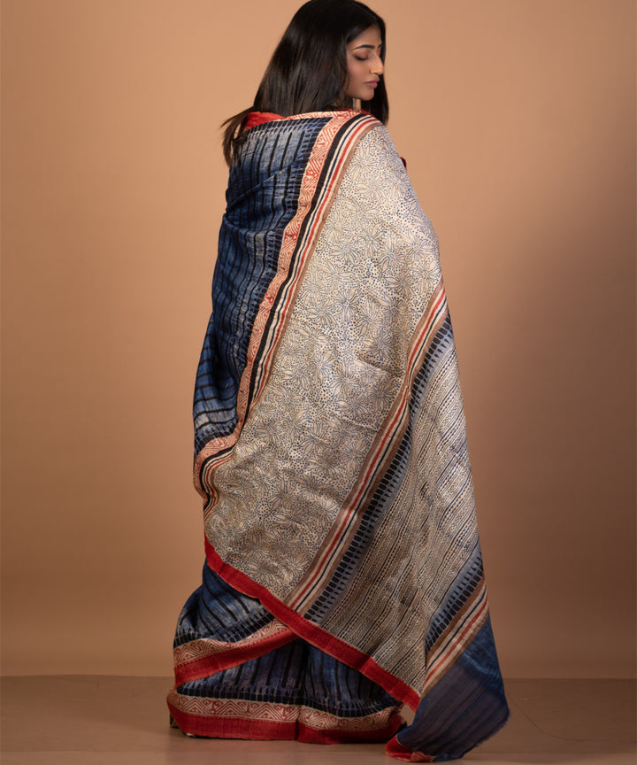 Royal blue handloom tussar block print saree
