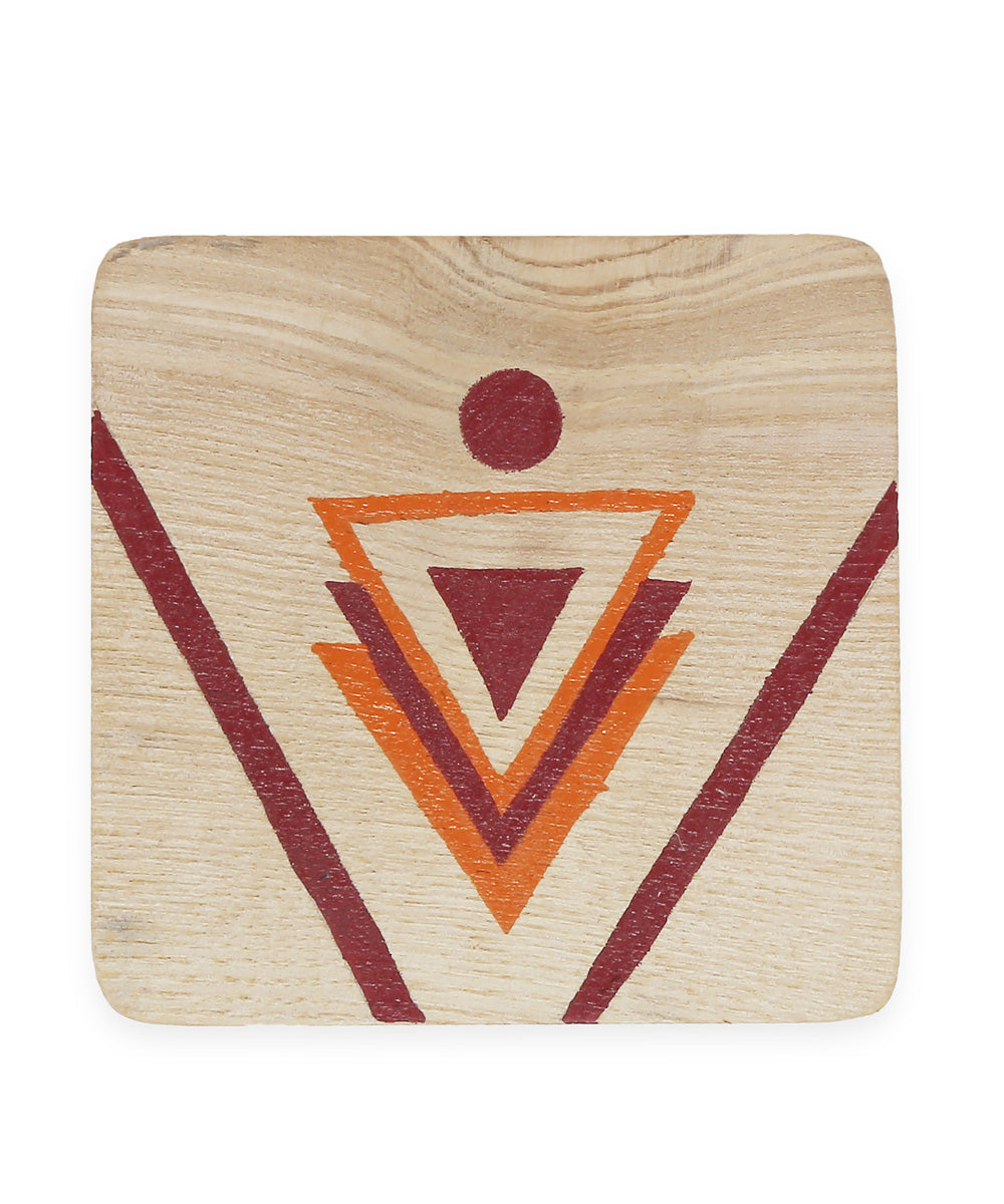 Offwhite orange hand printed pinewood coaster set